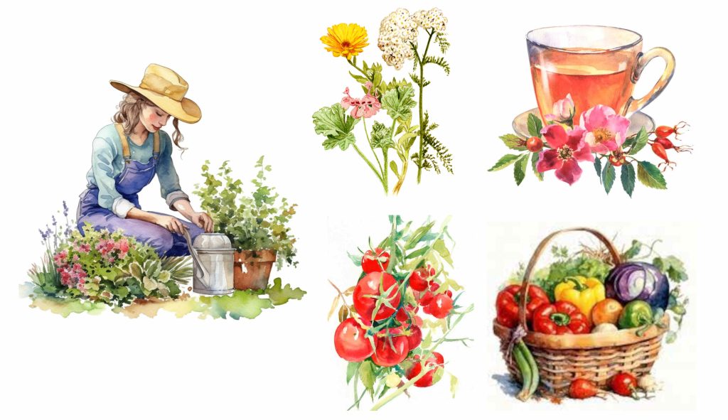 Cultures de légumes et de plantes aromatiques et médicinales dans un jardin, un potager écologique en permaculture